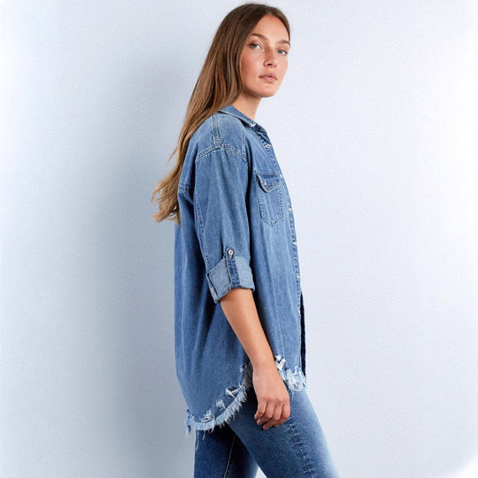 Damen nan lässige Denim-Hemdjacke Oversize mit aufgesetzten Brusttaschen, Herz-Stickdetail und ausgefranstem Saum EB