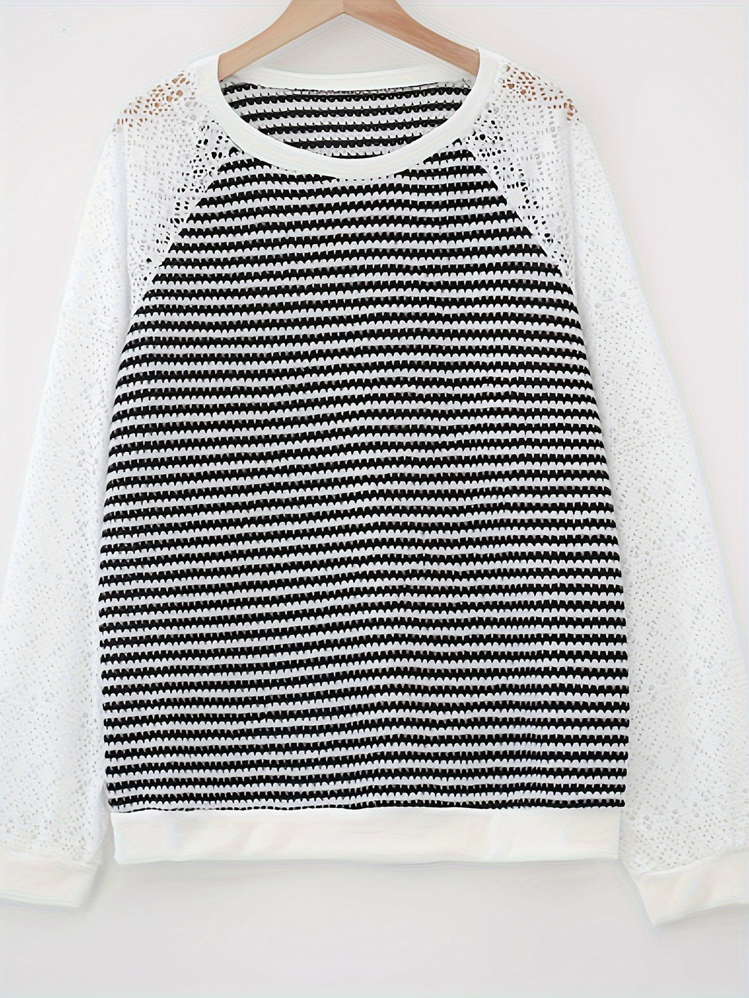 Damen nan Pullover mit Waffelstruktur, Raglanform und transparenter Spitzenärmel EB