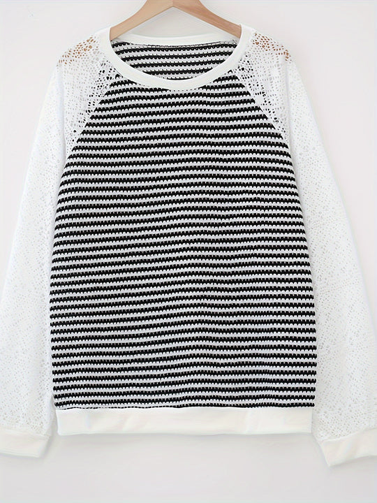 Damen nan Pullover mit Waffelstruktur, Raglanform und transparenter Spitzenärmel EB
