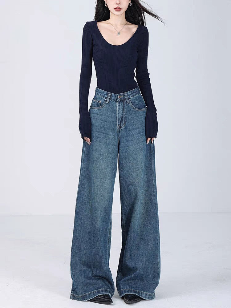Damen Weite High-Waist Jeans mit tiefem Schritt und elegantem Schnitt EB