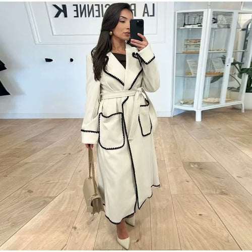 Damen elegante Übergangsjacke mit dekorativem Gürtel und hochwertigen Taschen EB