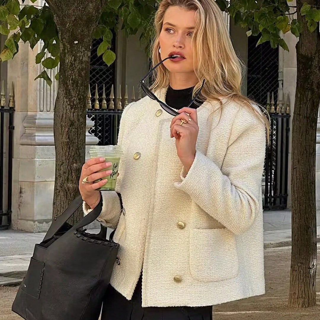 Damen elegante Bouclé-Jacke mit dekorativen Knöpfen und aufgesetzten Taschen EB
