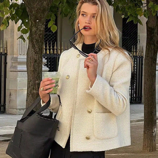 Damen elegante Bouclé-Jacke mit dekorativen Knöpfen und aufgesetzten Taschen EB