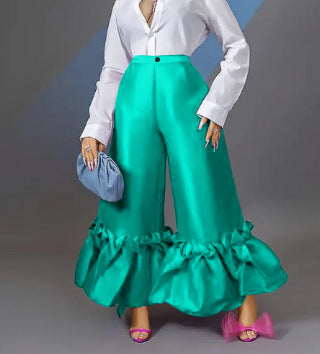 Damen elegante weite Hose mit voluminösem Rüschenabschluss EB
