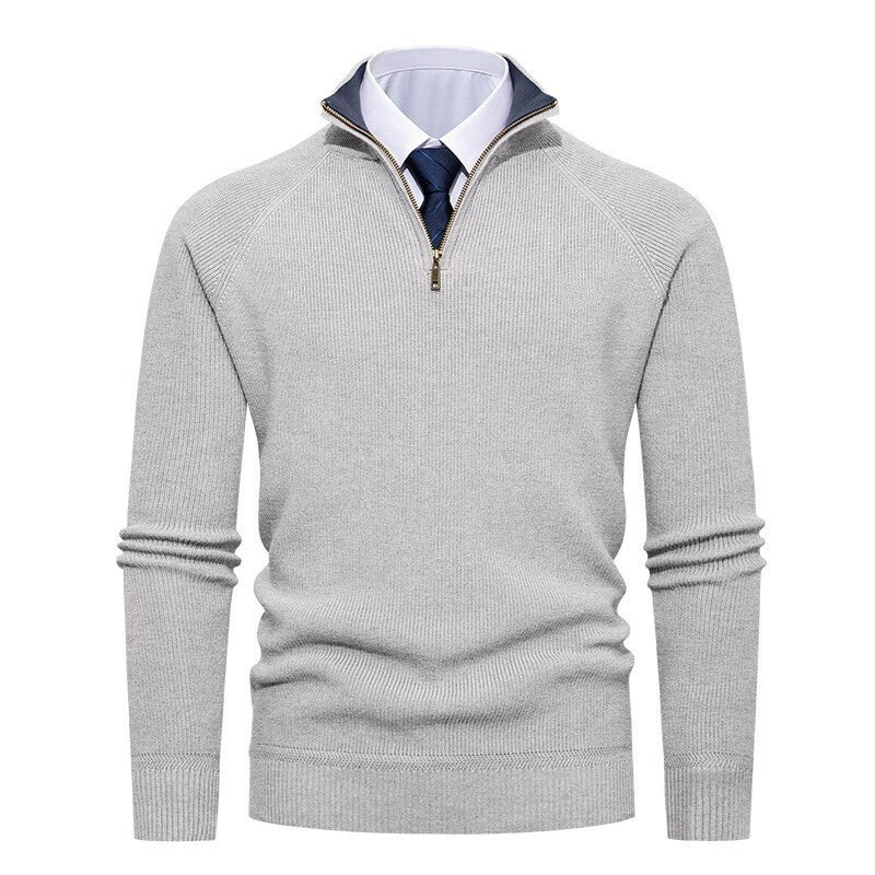Herren nan feiner Strickpullover mit Halbzip, strukturierter Rippoptik und innen kontrastiertem Stehkragen EB