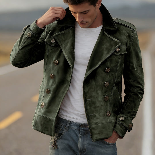 Herren nan doppeltreihige Vintage-Lederjacke mit Reverskragen und Schulterpatten EB