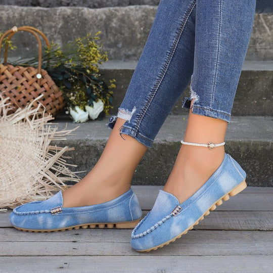 Damen nan lässige Denim-Mokassin-Slipper mit elastischem Einstieg und rutschfester Gummisohle EB