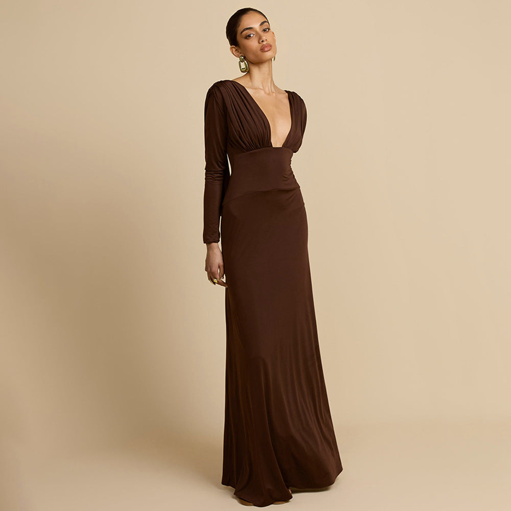 Damen Elegantes Maxikleid mit tiefem V-Ausschnitt und langen Ärmeln EB