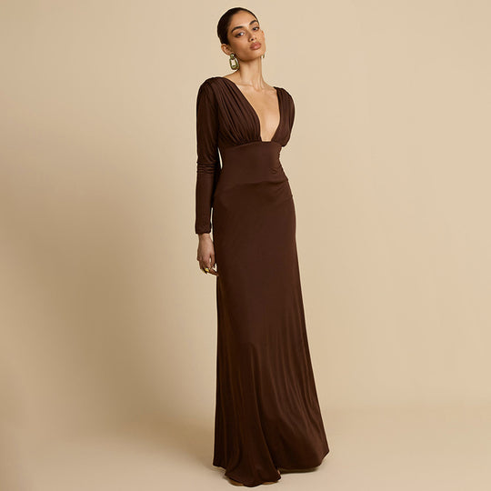 Damen Elegantes Maxikleid mit tiefem V-Ausschnitt und langen Ärmeln EB