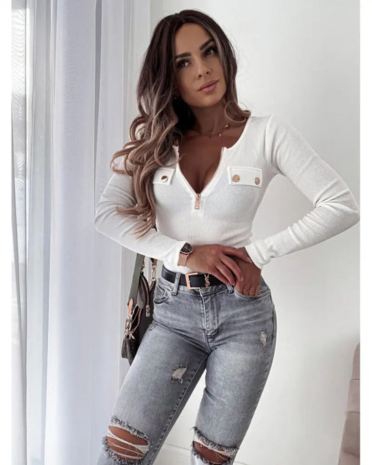 Damen Langarmshirt mit dekorativem Reißverschluss und praktischen Brusttaschen EB