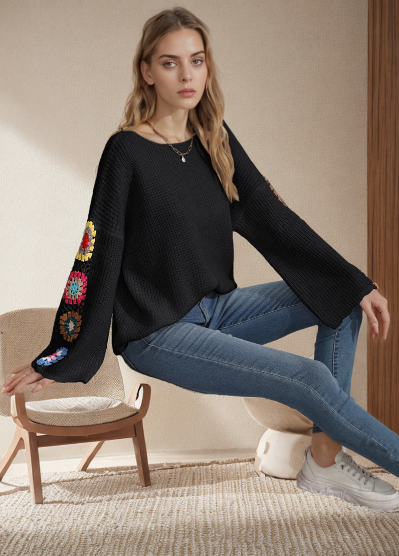 Damen gestreifter Strickpullover mit bunten Blumenapplikationen EB
