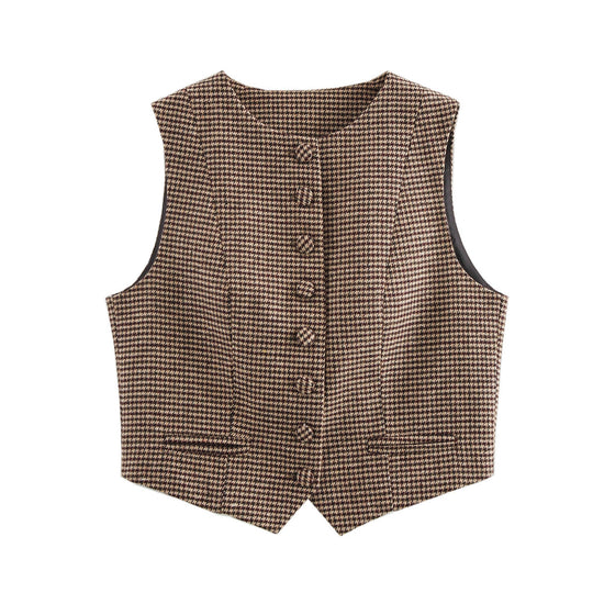 Damen Weste mit elegantem Karomuster und Knopfdetails EB