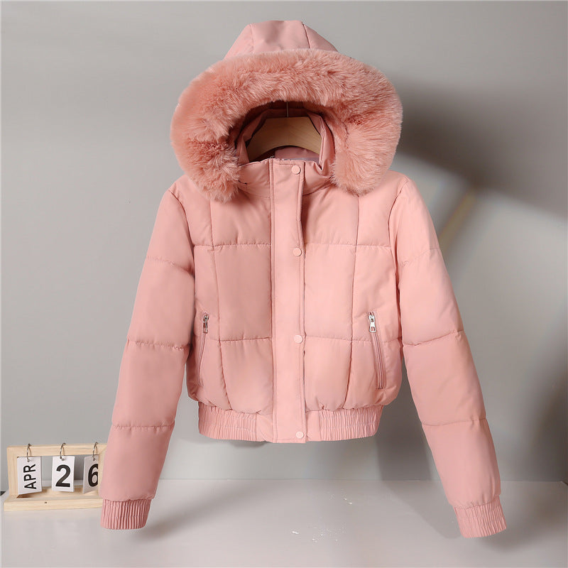 Damen nan kurzer isolierender Kapuzenblouson mit voluminöser Pelzkragenblende und elastischem Rippsaum EB