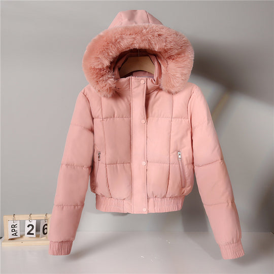 Damen nan kurzer isolierender Kapuzenblouson mit voluminöser Pelzkragenblende und elastischem Rippsaum EB