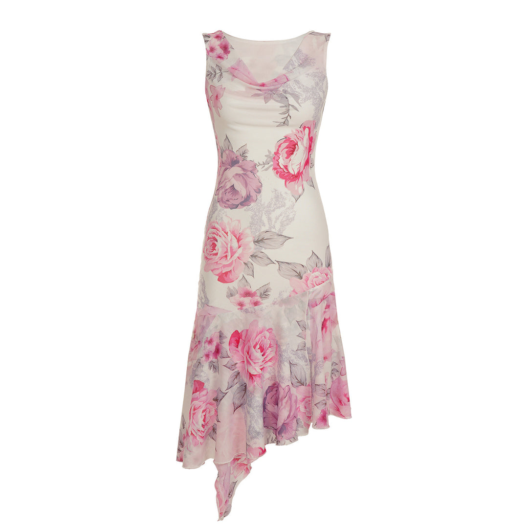 Damen elegantes asymmetrisches Kleid mit floralen Akzenten EB