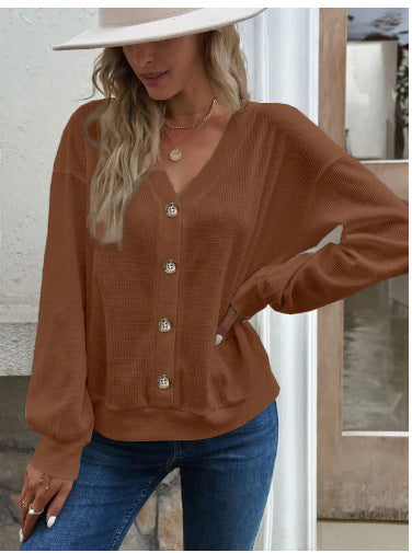 Damen Komfortabler Strickpullover mit V-Ausschnitt und Knopfleiste EB