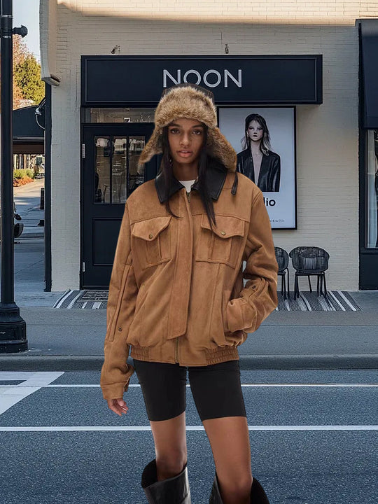 Damen Kunstlederjacke mit abnehmbarer Kapuze und voluminösen Ärmeln EB