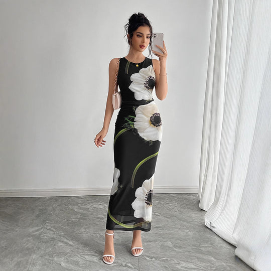 Damen nan figurbetontes ärmelloses Maxikleid mit fotorealistischem Blumenprint und taillierter Silhouette EB