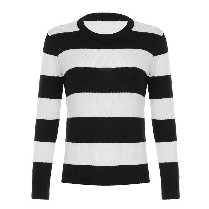 Damen nan gestreifter Rundhals-Pullover aus Feinstrick mit gerippten Bündchen und schmaler Passform EB