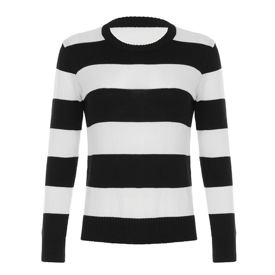Damen nan gestreifter Rundhals-Pullover aus Feinstrick mit gerippten Bündchen und schmaler Passform EB