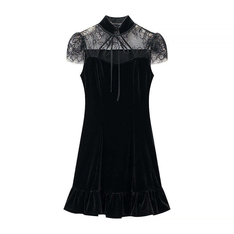Damen Abendkleid mit transparenten Spitzenärmel und Rüschensaum EB