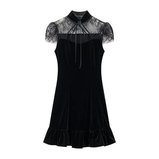 Damen Abendkleid mit transparenten Spitzenärmel und Rüschensaum EB