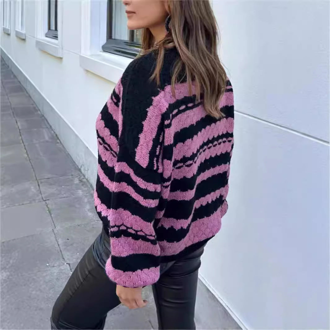Damen gemütlicher Strickpullover mit modernem Zopfmuster und grafischen Akzenten EB
