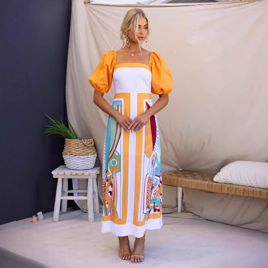 Damen Maxikleid mit kreativem Kunstdruck und Puffärmeln EB