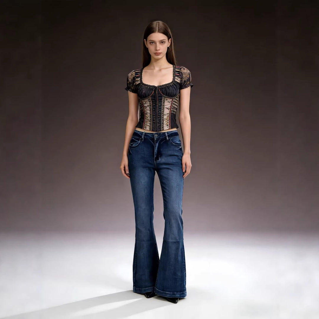 Damen elegantes cropped Oberteil mit Puffärmeln und Vintage-Stickerei EB