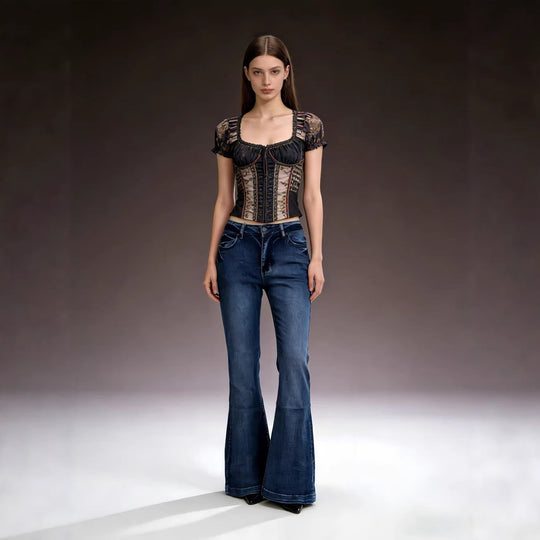 Damen elegantes cropped Oberteil mit Puffärmeln und Vintage-Stickerei EB
