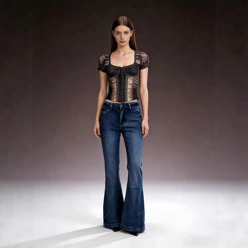 Damen elegantes cropped Oberteil mit Puffärmeln und Vintage-Stickerei EB