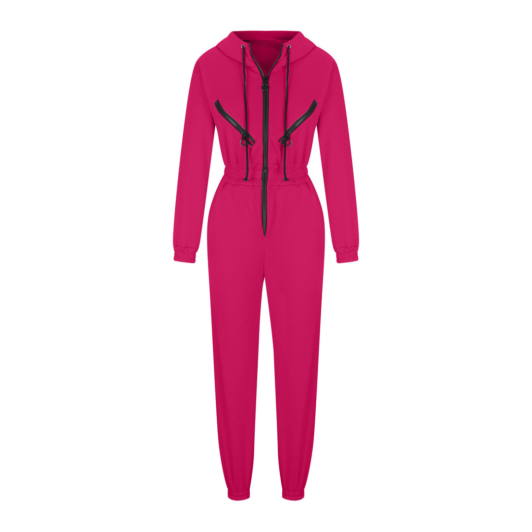 Damen taillierter Kapuzen-Jumpsuit mit elastischem Bund und markanten Kontrast-Reißverschlüssen EB