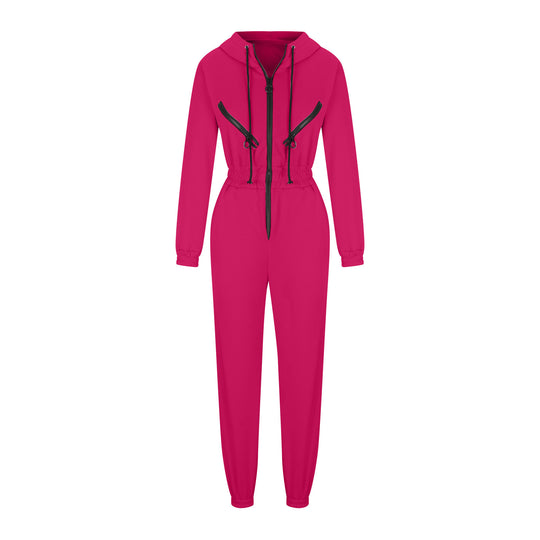 Damen taillierter Kapuzen-Jumpsuit mit elastischem Bund und markanten Kontrast-Reißverschlüssen EB