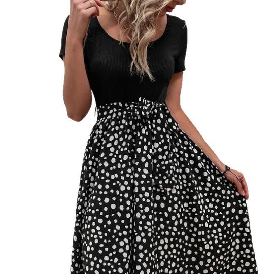 Damen Polka-Dots Kleid mit weitem Rock und Taillengürtel EB
