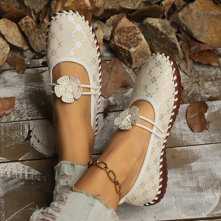 Damen nan flache Mokassin-Ballerina mit Paisley-Laserprint elastischem Kordelverschluss handgenähter Rahmennaht und flexibler profilter Laufsohle EB