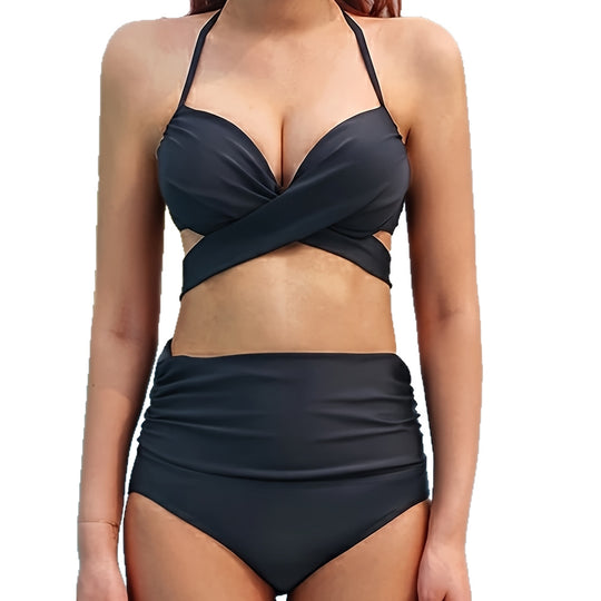 Damen eleganter Hochgeschnittener Bikini mit raffinierter Wickeloptik EB