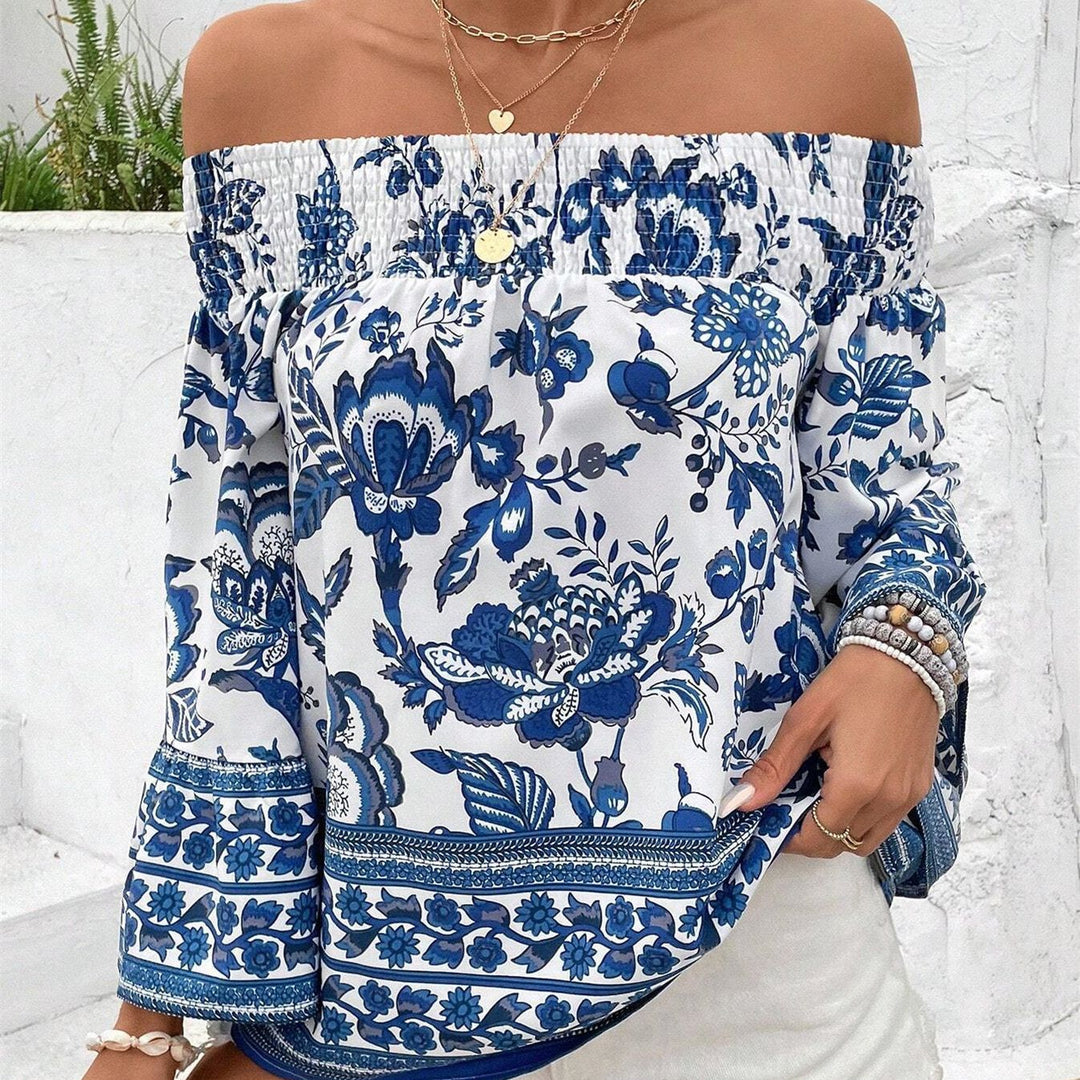Damen Off-Shoulder Bluse mit floralen Mustern und elastischem Bündchen EB