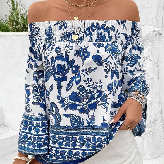 Damen Off-Shoulder Bluse mit floralen Mustern und elastischem Bündchen EB