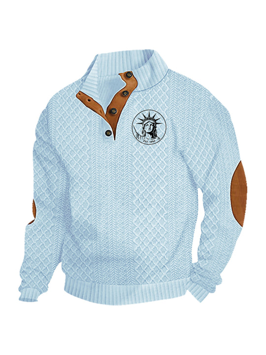 Herren nan Heritage-Strukturpullover mit Stehkragen Lederimitat-Besatz Ellenbogen-Patches und Halbknopfleiste EB