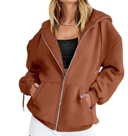 Damen nan oversized Zip-Kapuzenjacke mit kontrastierendem Reißverschluss, doppellagiger Kapuze und Kängurutasche EB