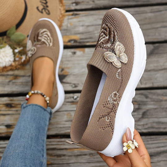 Damen Bequeme Slip-On Sneakers mit Blumenstickerei EB