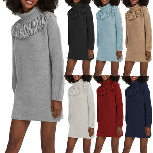Damen Strickkleid mit hohem Rollkragen und modischen Fransen EB