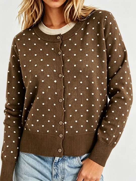 Damen Gepunktete Feinstrick-Cardigan mit Rundhals und Rippbündchen EB