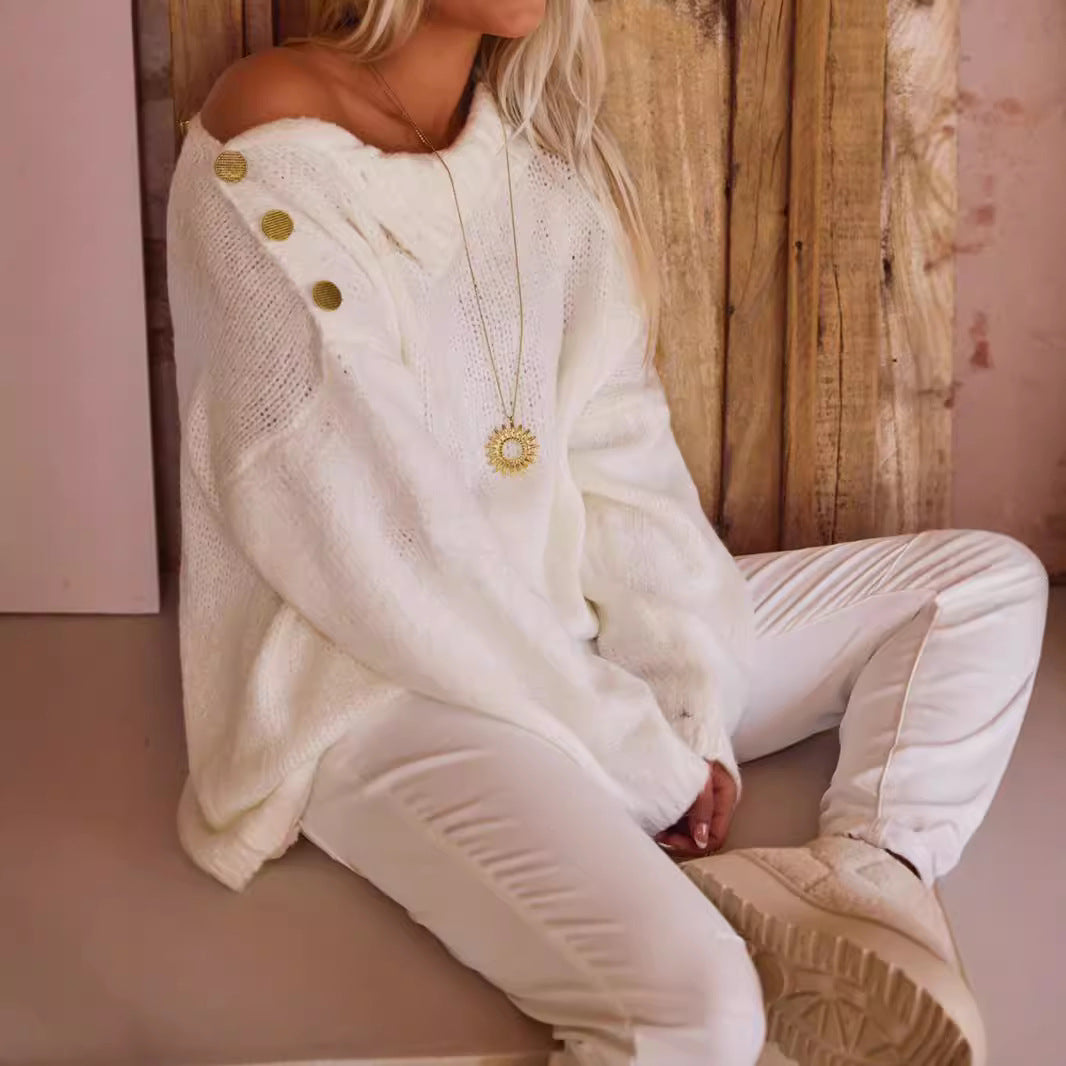 Damen Grobstrickpullover mit hohem Kragen und modischen Knopfdetails EB