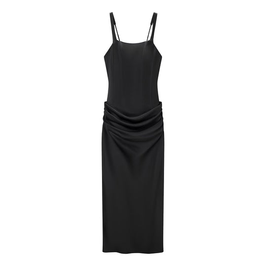 Damen elegantes Midikleid mit raffinierten Drapierungen und verstellbaren Spaghettiträgern EB