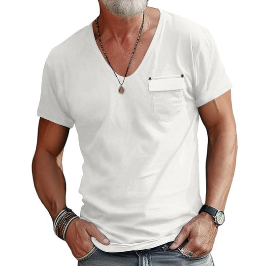 Herren V-Ausschnitt T-Shirt mit dekorativer Brusttasche und attraktiver Struktur EB