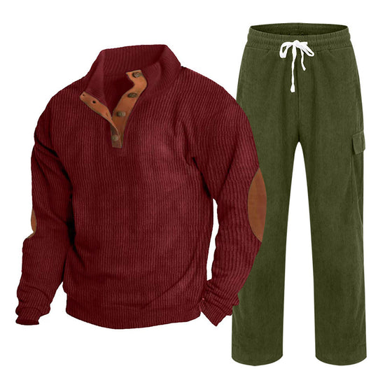 Herren nan Strick-Freizeitset mit Knopfleiste und Ellenbogenaufnähern sowie Cord-Cargohose EB
