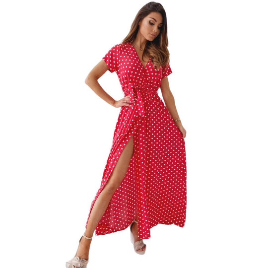 Damen Maxikleid mit Polka-Dots und verstellbarem Taillengürtel EB