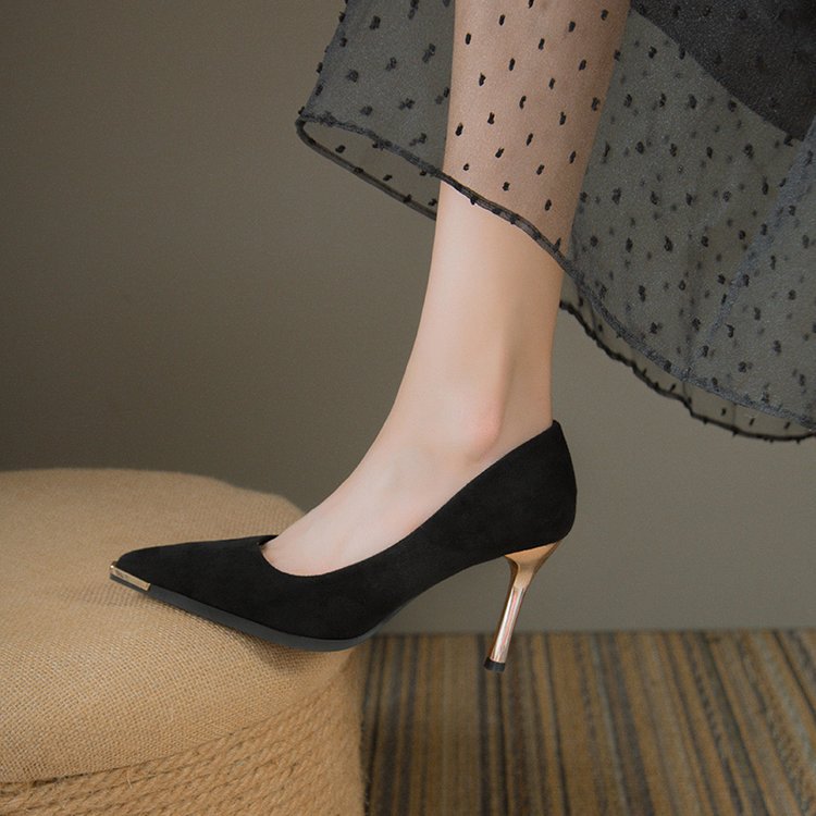 Damen elegante High Heel Pumps mit spitzem Fuß und goldfarbenem Absatz EB