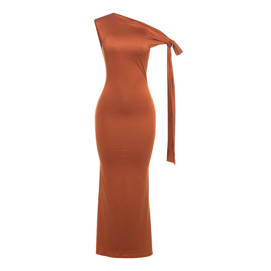 Damen Elegantes figurbetontes One-Shoulder-Maxikleid mit Schleife EB